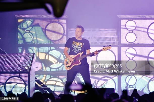 Mark Hoppus of Blink-182 perform at The Forum on August 08, 2019 in Inglewood, California.