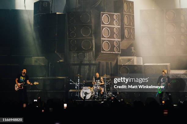 Mark Hoppus, Travis Barker, and Matt Skiba of Blink-182 perform at The Forum on August 08, 2019 in Inglewood, California.