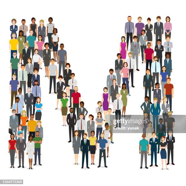 large group of people gathering in letter m - letter m stock illustrations