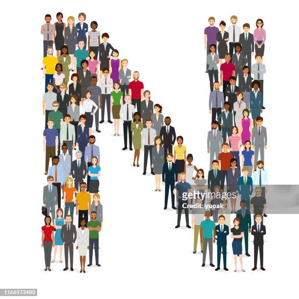 large group of people gathering in letter n - letter n stock illustrations