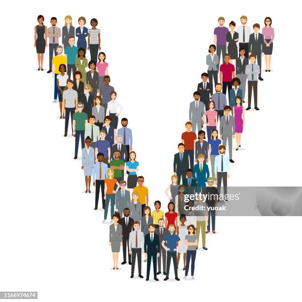 large group of people gathering in letter v - letter v stock illustrations