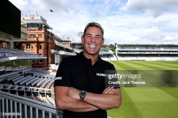 Former Australian spin bowler, Shane Warne is named as head coach of Lord's The Hundred team at Lord's Cricket Ground on August 07, 2019 in London,...