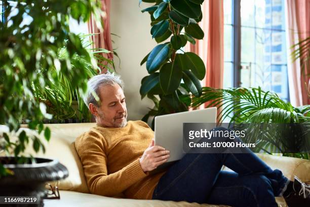 mature man using laptop on sofa at home - baby boomer stock pictures, royalty-free photos & images