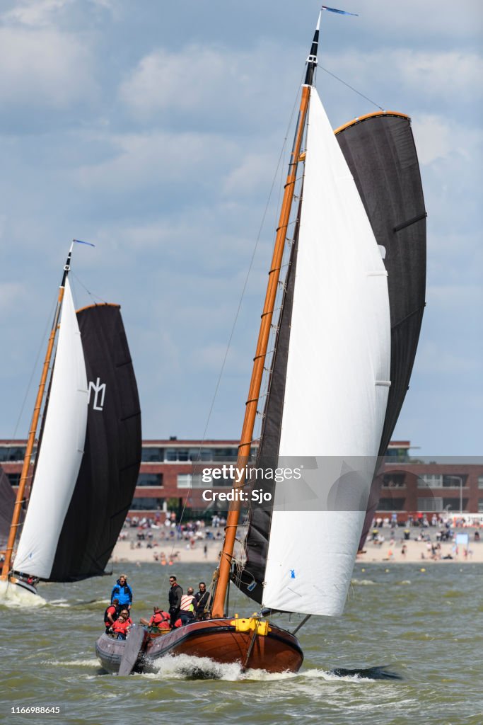 Skûtsje of Grou Classic Frisian sailing Tjalk ship during the 2019 annual SKS Skûcheksilen