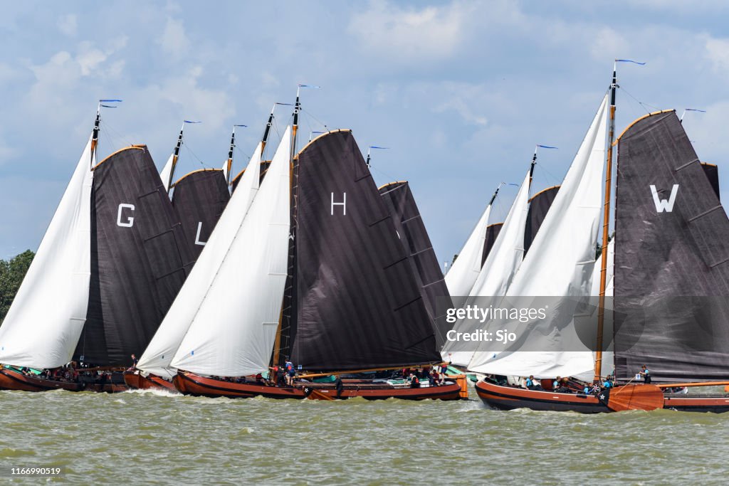 Skutsje classic sailboats sailing on the IJsselmeer near Lemmer in Frisia during the Skutsjesilen