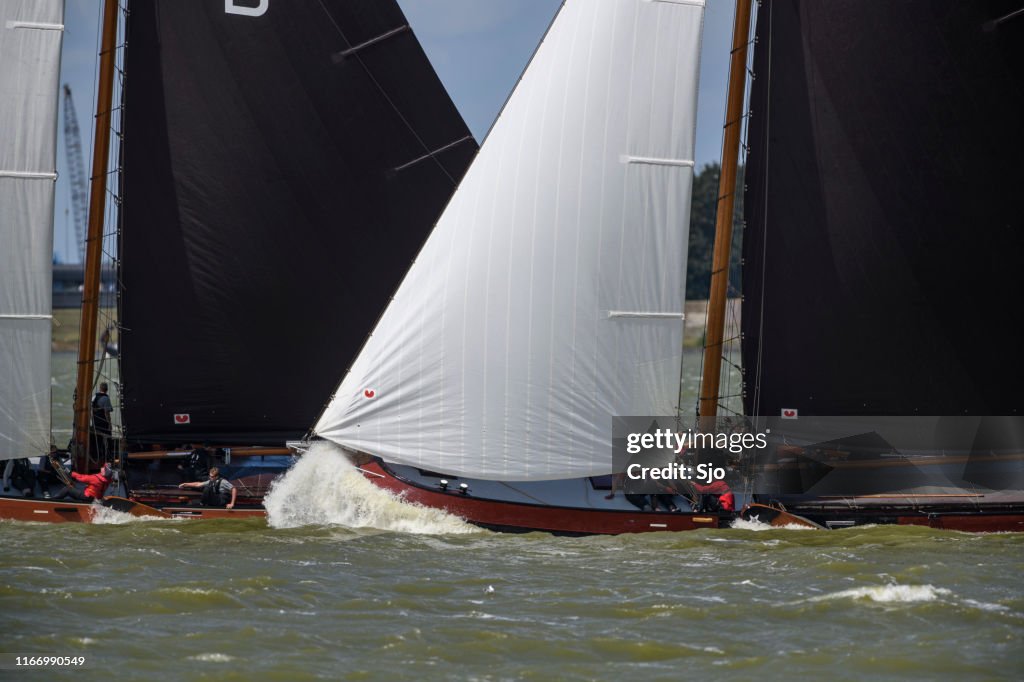 Skutsje classic sailboats sailing on the IJsselmeer near Lemmer in Frisia during the Skutsjesilen