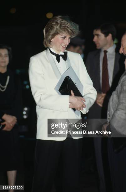 Diana, Princess of Wales wearing a Margaret Howell tuxedo as she leaves Birmingham airport in England, February 1984.