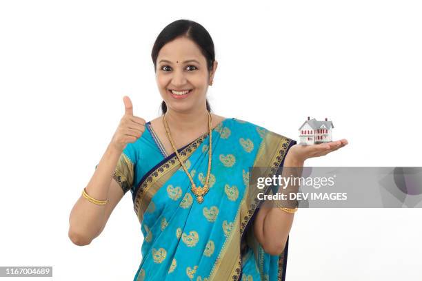 happy traditional indian woman with thumb up gesture - sari isolated stock pictures, royalty-free photos & images