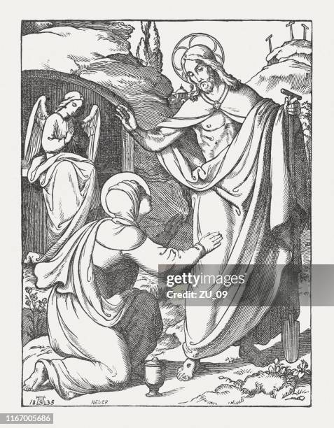 mary magdalene sees the risen jesus, wood engraving, published 1850 - mary magdalene stock illustrations