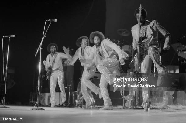 American funk/soul band Commodores on stage during a live concert performance in London, UK, circa 1979.