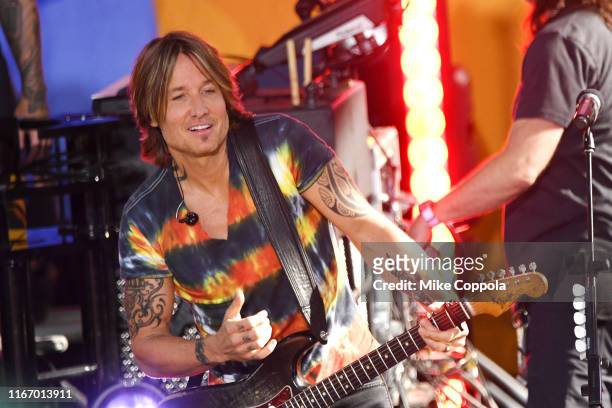 Singer/songwriter Keith Urban performs On ABC's "Good Morning America" at SummerStage at Rumsey Playfield, Central Park on August 09, 2019 in New...