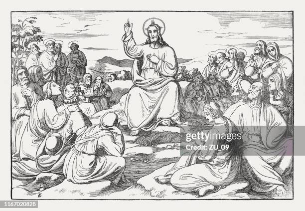 sermon on the mount (matthew 5-7), wood engraving, published 1850 - jesus teaching stock illustrations