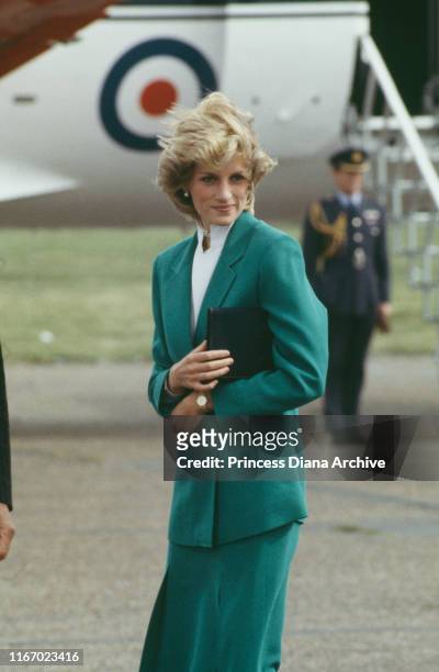 Diana, Princess of Wales wearing a green suit during a visit to Bedfordshire, September 1983.