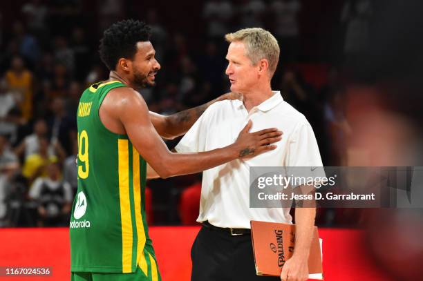 Leandro Barbosa of Team Brazil talks with Steve Kerr of Team USA after the game during the FIBA World Cup on September 9, 2019 at the Shenzhen Bay...