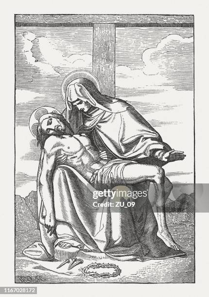 pietà, virgin mary and the dead jesus, woodcut, published 1850 - pieta stock illustrations