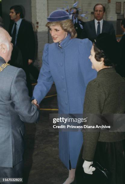 Diana, Princess of Wales visits a Jaguar car factory in Coventry, UK, February 1984.