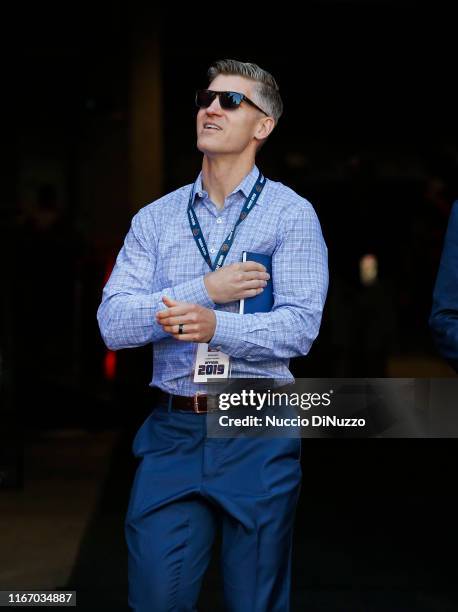 Chicago Bears general manger Ryan Pace arrives for the preseason game against the Carolina Panthers at Soldier Field on August 08, 2019 in Chicago,...