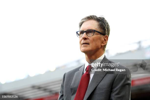 John W. Henry, owner of Liverpool ahead of the Premier League match between Liverpool FC and Norwich City at Anfield on August 09, 2019 in Liverpool,...
