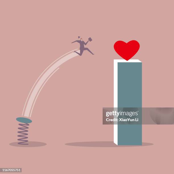 ilustrações, clipart, desenhos animados e ícones de o homem de negócios começ o amor usando o trampolim da mola. - salto de altura