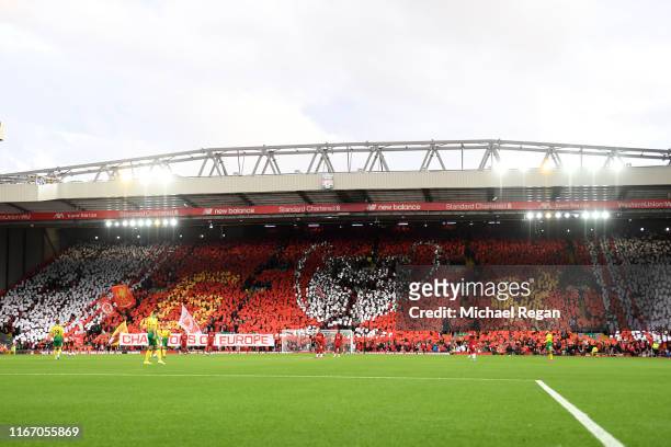 General view inside the stadium as a TIFO display is shown in the Kop during the Premier League match between Liverpool FC and Norwich City at...