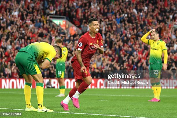 Grant Hanley of Norwich City reacts after scoring an own goal as Roberto Firmino of Liverpool celebrates during the Premier League match between...