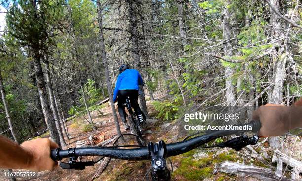 mountain bikers follow trail through forest - handlebar stock pictures, royalty-free photos & images