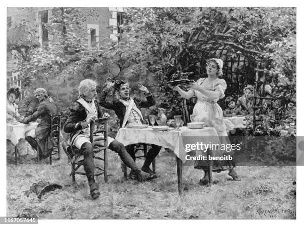 serving food to rowdy soldiers - military food service stock illustrations