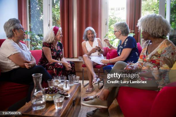 mixed group of silver haired women meeting and sharing personal stories - benelux stockfoto's en -beelden