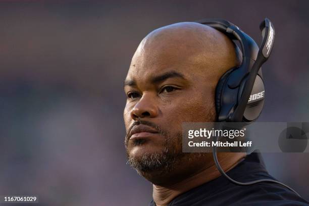 Assistant head coach and running backs coach Duce Staley of the Philadelphia Eagles looks on against the Tennessee Titans in the preseason game at...
