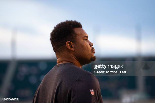 Brandon Brooks of the Philadelphia Eagles looks on prior to the preseason game against the Tennessee Titans at Lincoln Financial Field on August 8,...