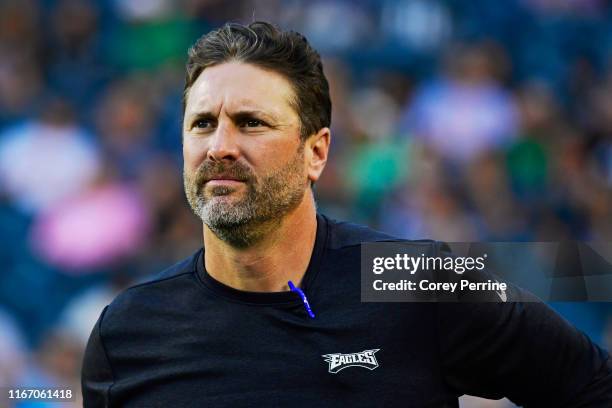 Offensive coordinator Mike Groh of the Philadelphia Eagles walks onto the field before a preseason game against the Tennessee Titans at Lincoln...