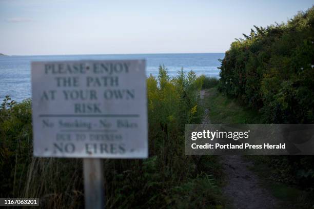 The north entrance to the Cliff Walk Trail around Prout's Neck, which is managed by the Prout's Neck Association and open to the public.