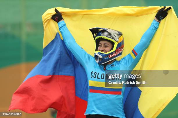 Mariana Pajon of Colombia celebrates after winning in the Women's BMX Cycling Final Race on Day 14 of Lima 2019 Pan American Games at BMX Circuit of...