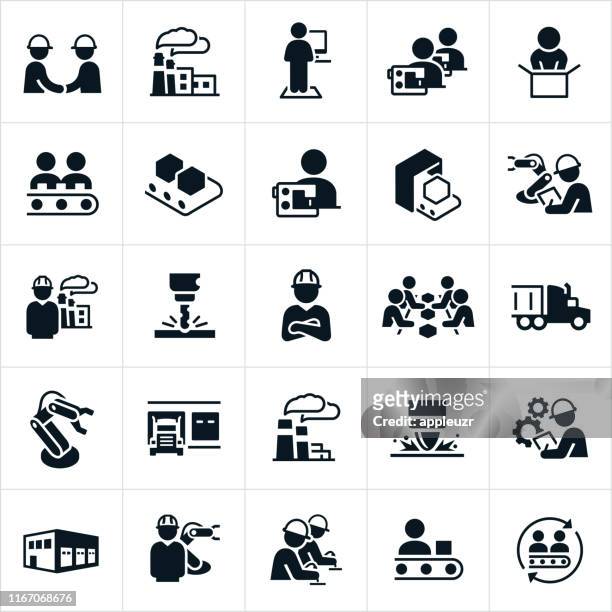 factory and mass production icons - manufacturing equipment stock illustrations