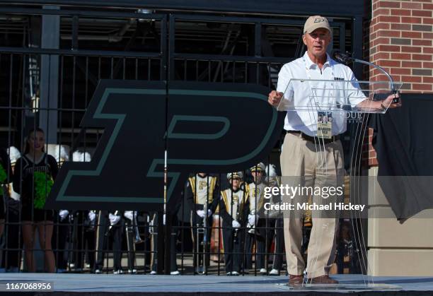 Purdue University President Mitch Daniels is seen before the game against the Vanderbilt Commodores at Ross-Ade Stadium on September 7, 2019 in West...