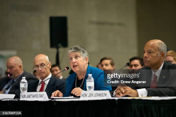 Former U.S. Secretaries of the Department of Homeland Security Michael Chertoff, Janet A. Napolitano, and Jeh Johnson testify during a special Senate...