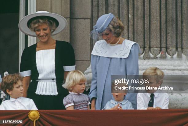 Princess Michael of Kent, Diana, Princess of Wales and Prince William pose on the balcony of Buckingham Palace in London for the Trooping the Colour...