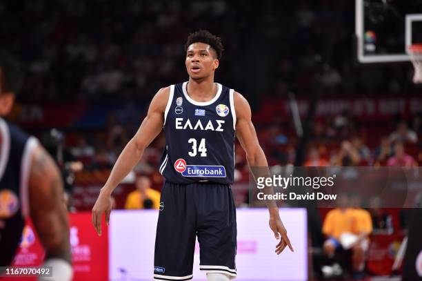 Giannis Antetokounmpo of Greece looks on against USA during the second round of the 2019 FIBA Basketball World Cup at the Shenzhen Bay Sports Center...