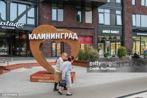 Large amber decorated heart with Kaliningrad inscription outside the Holliday inn hotel is seen in Kaliningrad Russia on 7 September 2019