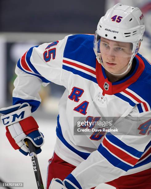 Kaapo Kakko of the New York Rangers skates in warm-ups during Day-4 of the NHL Prospects Tournament game against the Minnesota Wild at Centre Ice...