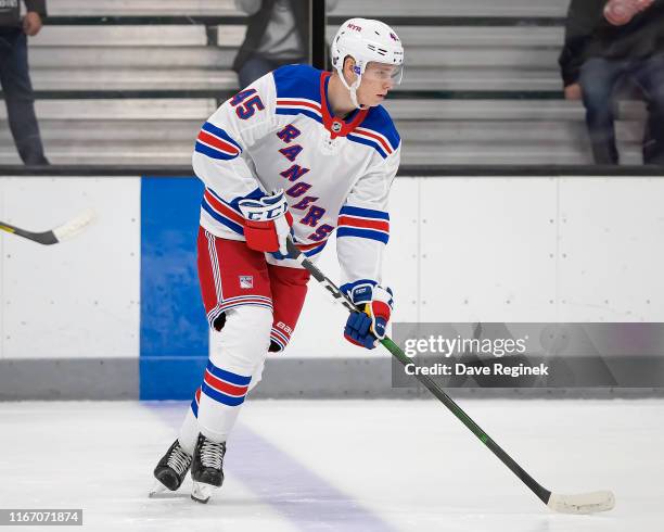 Kaapo Kakko of the New York Rangers skates in warm-ups during Day-4 of the NHL Prospects Tournament game against the Minnesota Wild at Centre Ice...