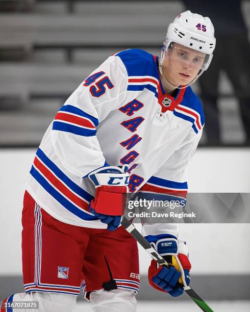 Kaapo Kakko of the New York Rangers skates in warm-ups during Day-4 of the NHL Prospects Tournament game against the Minnesota Wild at Centre Ice...