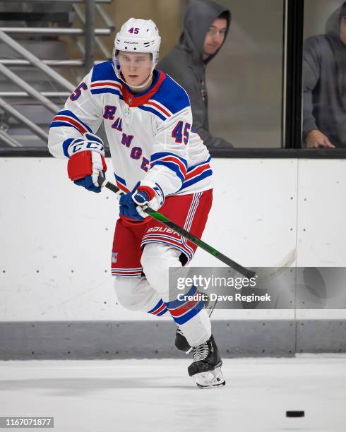 Kaapo Kakko of the New York Rangers skates in warm-ups during Day-4 of the NHL Prospects Tournament game against the Minnesota Wild at Centre Ice...