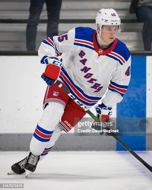 Kaapo Kakko of the New York Rangers skates in warm-ups during Day-4 of the NHL Prospects Tournament game against the Minnesota Wild at Centre Ice...