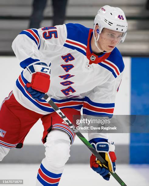 Kaapo Kakko of the New York Rangers skates in warm-ups during Day-4 of the NHL Prospects Tournament game against the Minnesota Wild at Centre Ice...