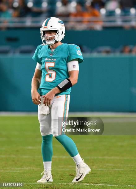 Jake Rudock of the Miami Dolphins in action during a preseason game against the Atlanta Falcons at Hard Rock Stadium on August 8, 2019 in Miami,...