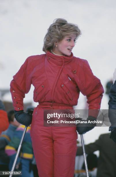 Diana, Princess of Wales during a skiing holiday in Malbun, Liechtenstein, January 1985. She is wearing a Head ski suit.