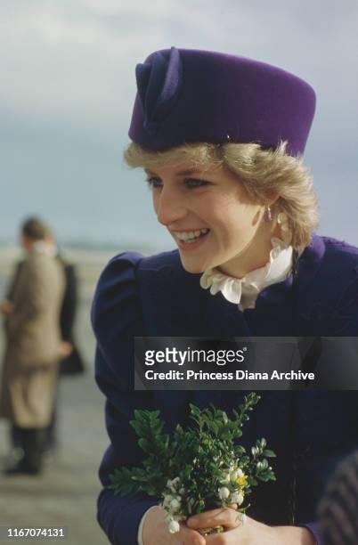Diana, Princess of Wales visits Hull, England, March 1986. She is wearing a blue suit by Caroline Charles.