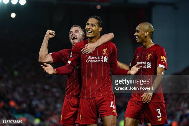 Virgil van Dijk of Liverpool celebrating after scoring a goal during the Premier League match between Liverpool FC and Norwich City at Anfield on...