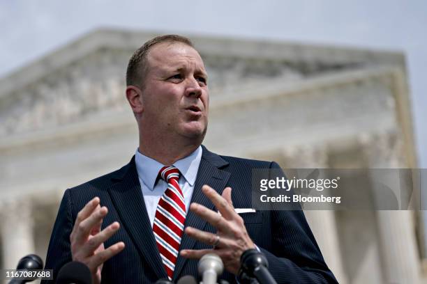 Eric Schmitt, Missouri attorney general, speaks during a news conference outside the Supreme Court in Washington, D.C., U.S., on Monday, Sept. 9,...